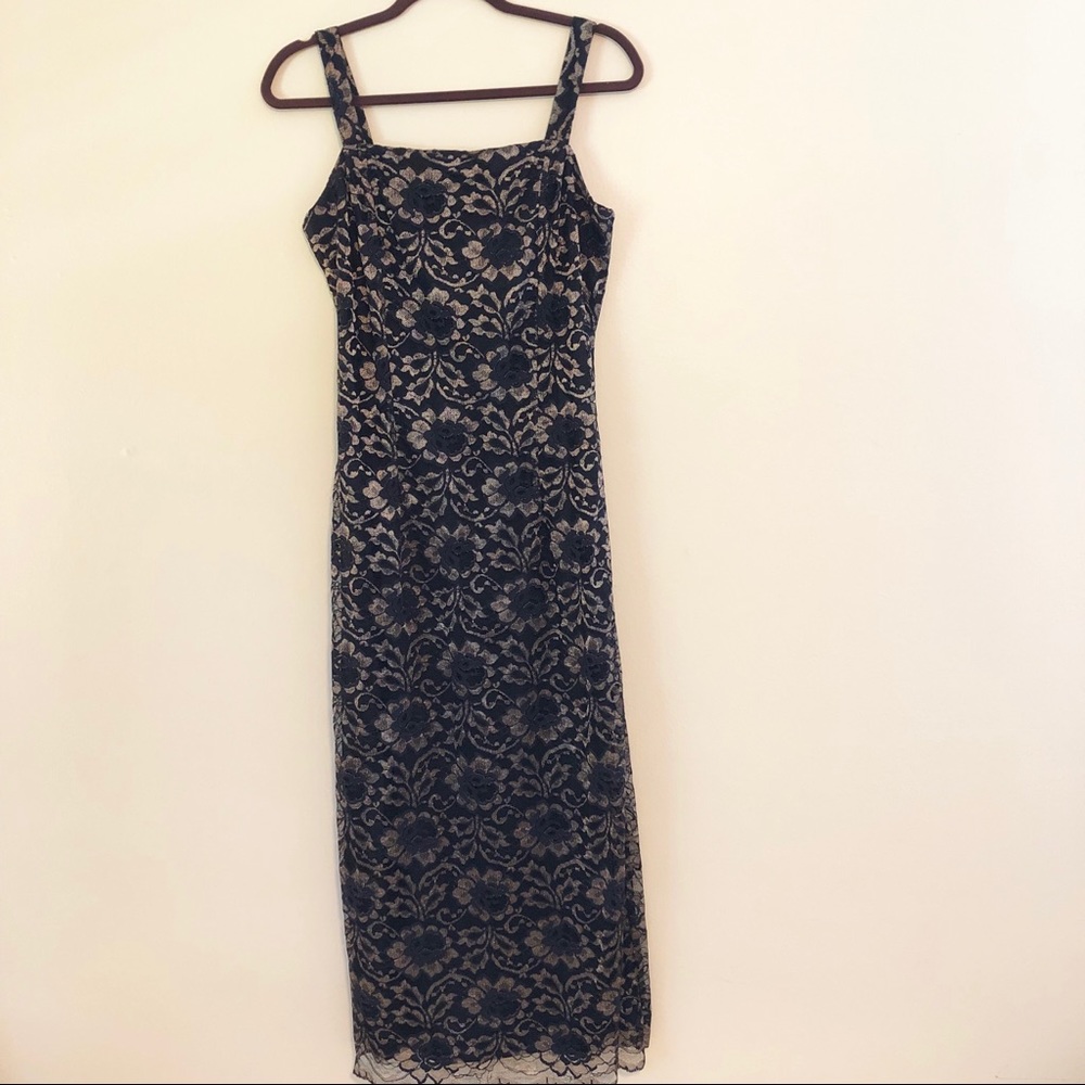 Vintage 1990s Sheri Martin black & gold lace dress